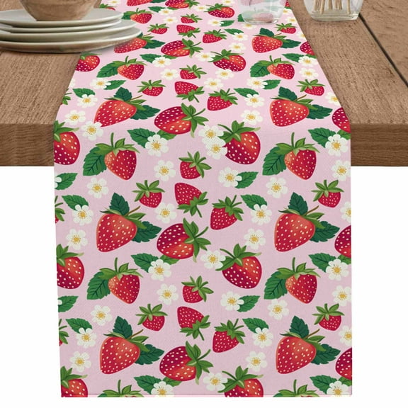 nqOlkjepod Strawberry Rustic Table Runner 48 Inches Long Farmhouse Dress Scarves, Pink Spring Summer Floral Fruit Dining Tablerunner for Coffee Table/Kitchen Island/Party Décor, 13" x 48"