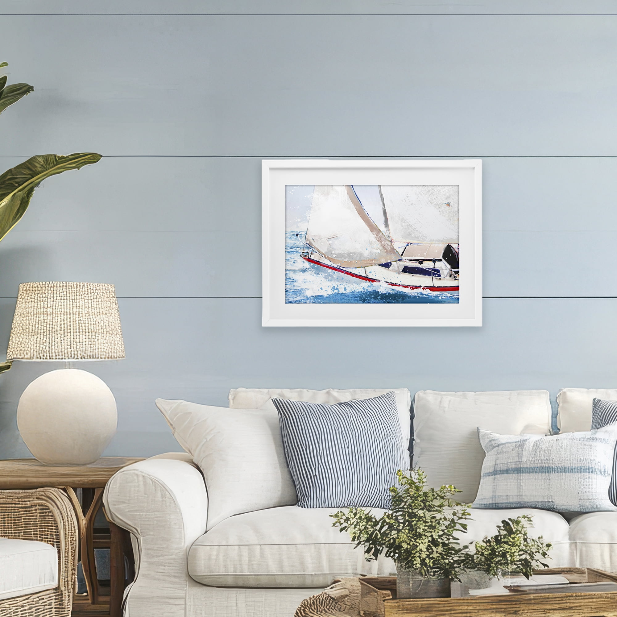 Stupell Industries Sailboat Racing Through Blue Waves White Framed Print Under Glass, design by Porter Hastings