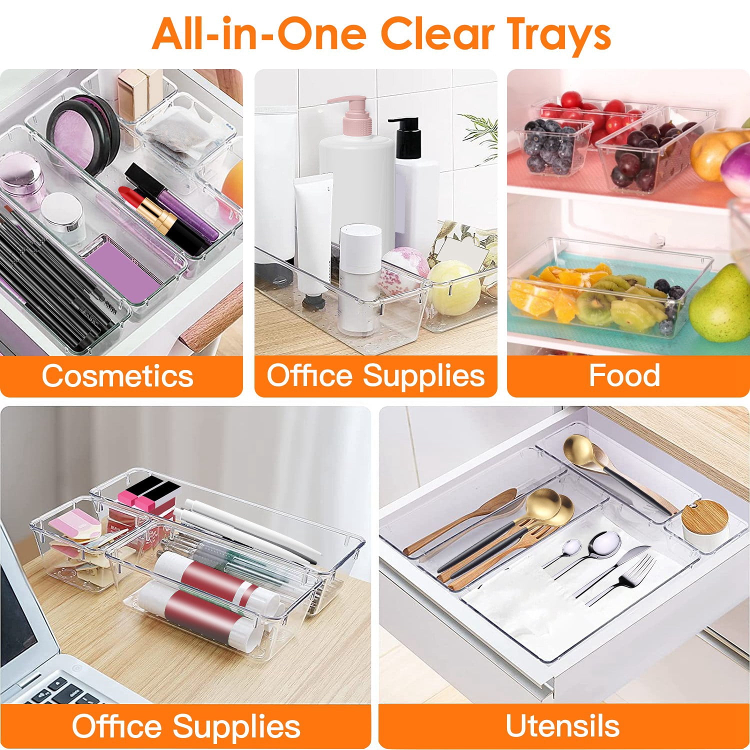 Moclever 25Pcs Clear Plastic Drawer Organizers Set, Stackable Desk Drawer Dividers Trays Storage Bins for Vanity Cabinet Makeup Bathroom Office Kitchen, 4 Sizes