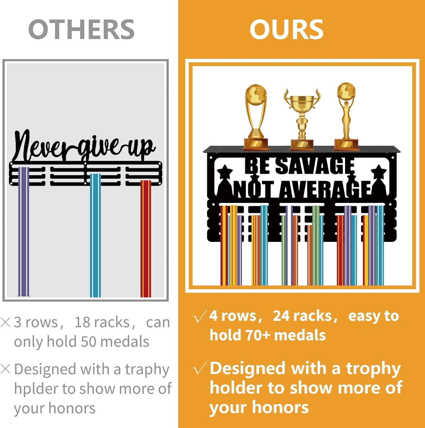 Medal Trophy Holder Medal Hanger Display with Shelf Stand Sports 4 Rows Wall Mount Hold 70+ Medals for Gymnastics Dance Soccer Running Swimming Awards 15.7 x 7.9 Inch-Be Savage Not Average Black