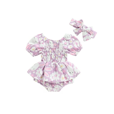 

Easter Infant Baby Girl Romper Dress Sleeveless Bunny Print Jumpsuit Skirts + Bow Headband Casual Summer Outfits