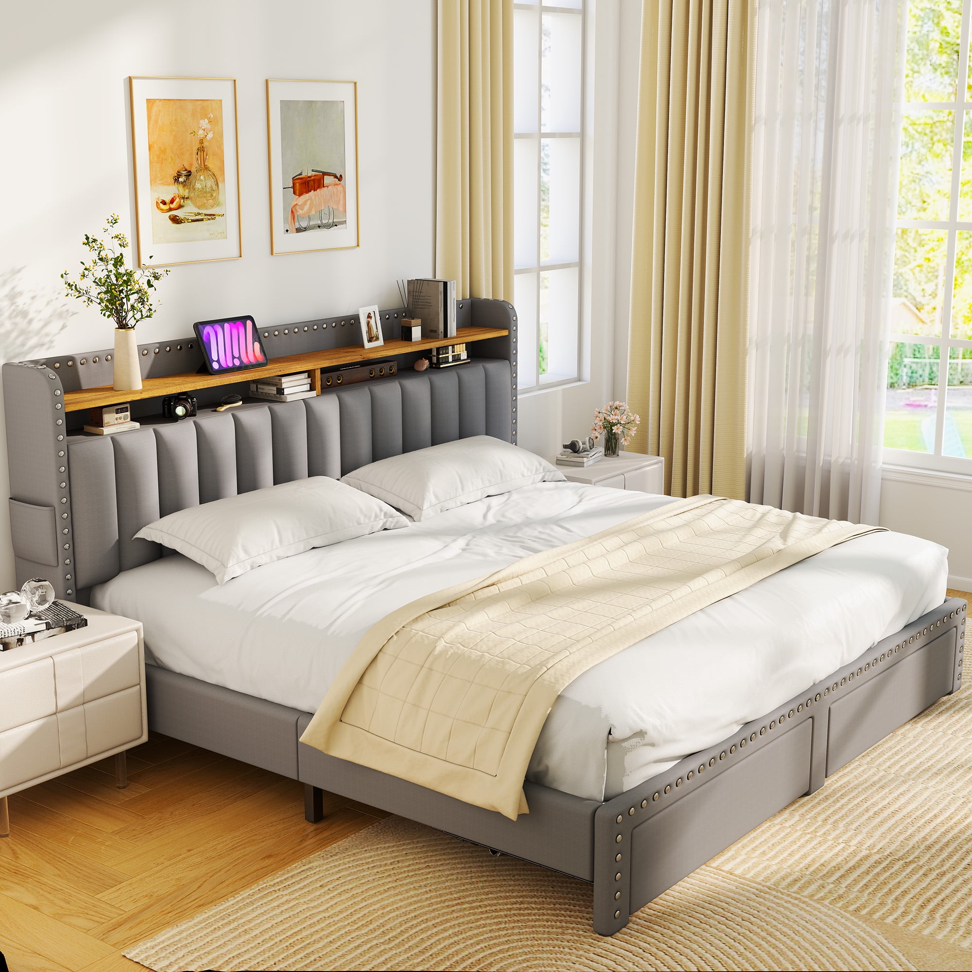 Romorgniz King Size Bed Frame with 2 Storage Drawers and 2-Tier Storage Shelf Upholstered Bed Frame with Headboard Platform Bed Frame Noise-Free No Box Spring Needed,Grey