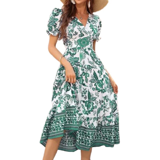 Fashnice Robe d'Été de Plage pour Femmes Robe Longue à Imprimé Floral Col en V Robes Maxi Boho Fête Vert m