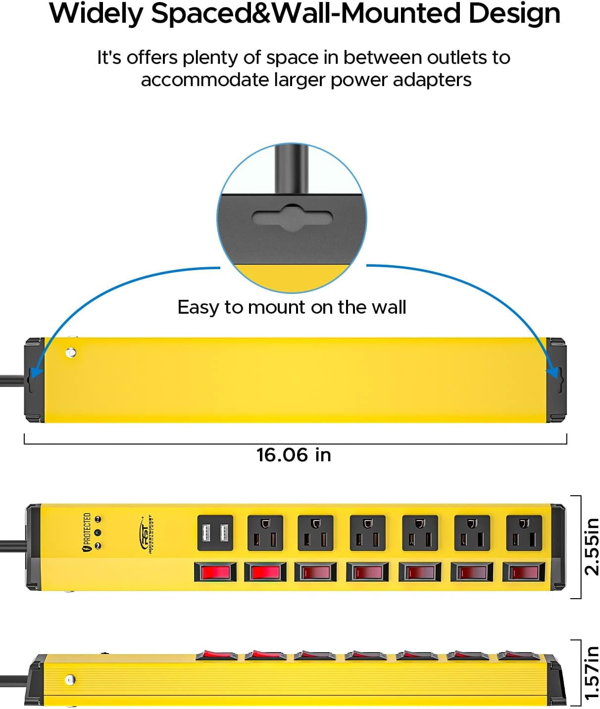 CRST Surge Protector Power Strip Individual Switches 6 Outlets with Dual USB (3.4A), Flat Plug 6FT 14AWG/3C Heavy Duty Extension Power Cord, 1200J
