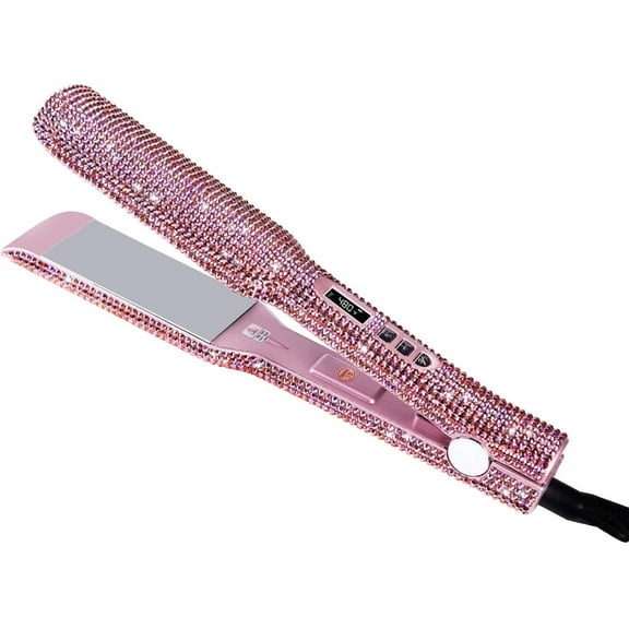 Professional Hair Straightener, 2 Inch Titanium Flat Iron Rhinestone Straightening Iron, Salon High Heat 480 °F, Instant Heat Up, Dual Voltage, Rose Pink