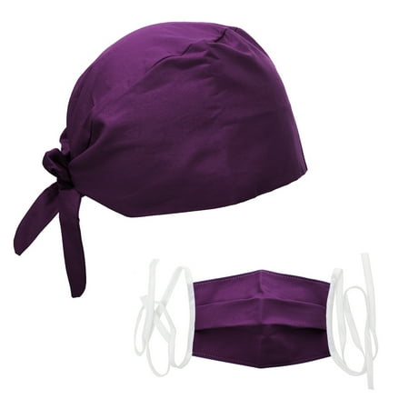 Opromo Scrub Cap Hat with Sweatband for Ponytail and Free Reusable Cotton Mask-Purple