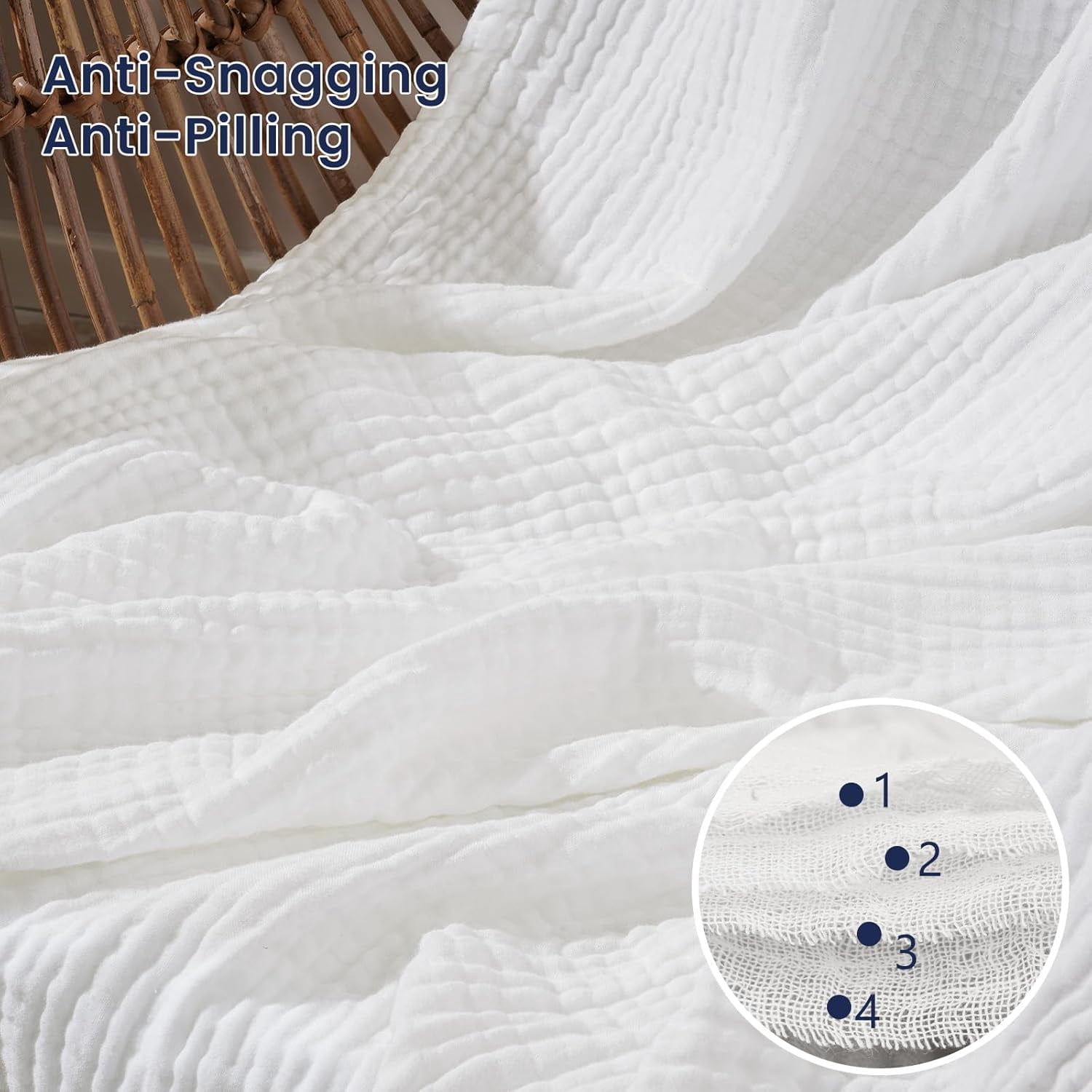 PHF Cooling Muslin Twin Blanket for Hot Sleepers, 4-Layer Breathable Bamboo Rayon & Cotton Gauze, Lightweight Summer Blanket for Bed or Couch, 66" x 90", White