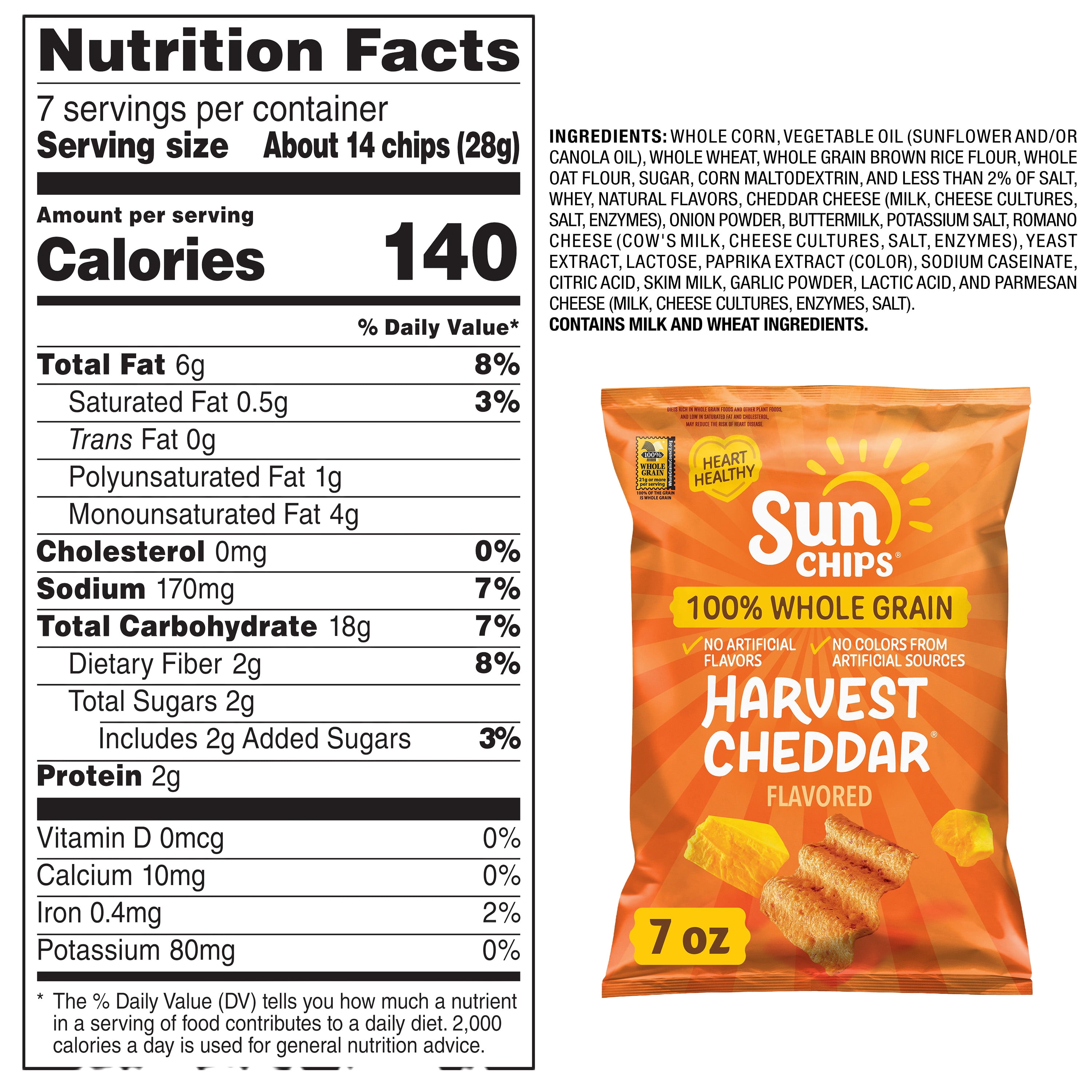 SunChips 100% Whole Grain Harvest Cheddar Snack Chips Bag, 7 oz​
