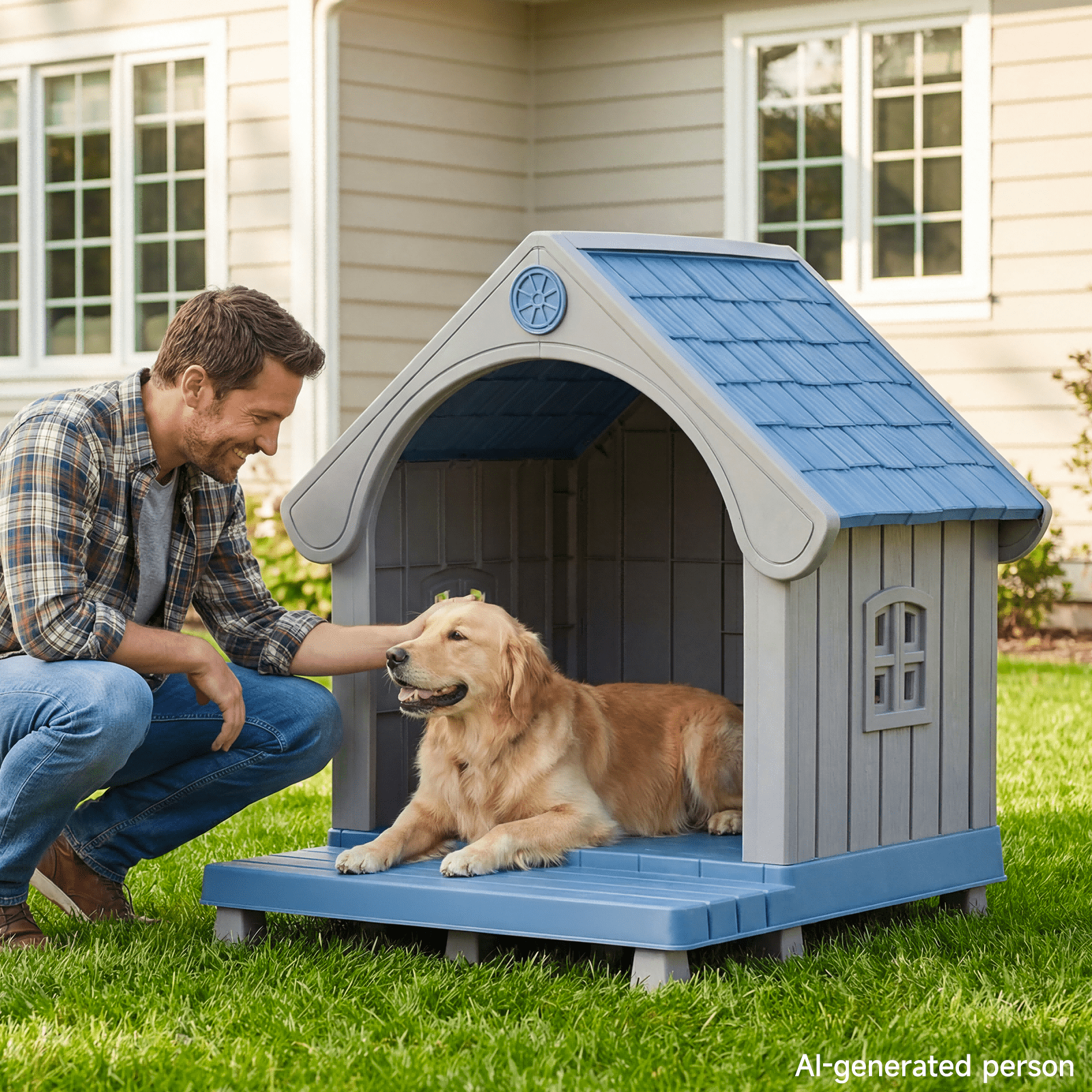 Dovov Plastic Dog House with Elevated Floor and Air Vents, Waterproof Doghouse Indoor Outdoor Dog Kennel with Porch, Large Puppy Shelter, Blue Gray