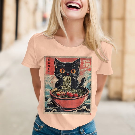 Graphic Tennis Tees for Women T-Shirts Cat Ramen Graphic Tee for Women Anime Top Casual Crewneck Shirt Lightweight Everyday Wear Beige M