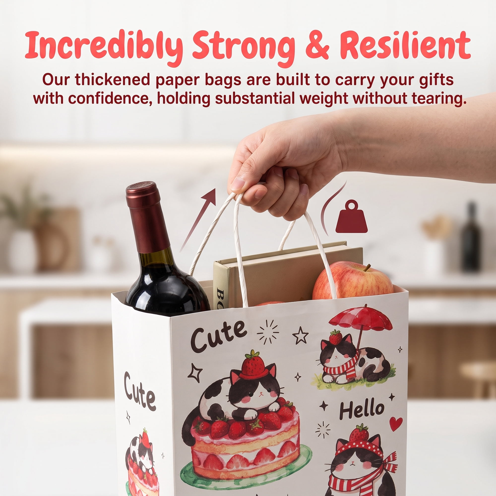 Unique Bargains Cartoon Gift Bags with Handles for Occasions Red Cat 8.3" x 4.3" x 10.6"