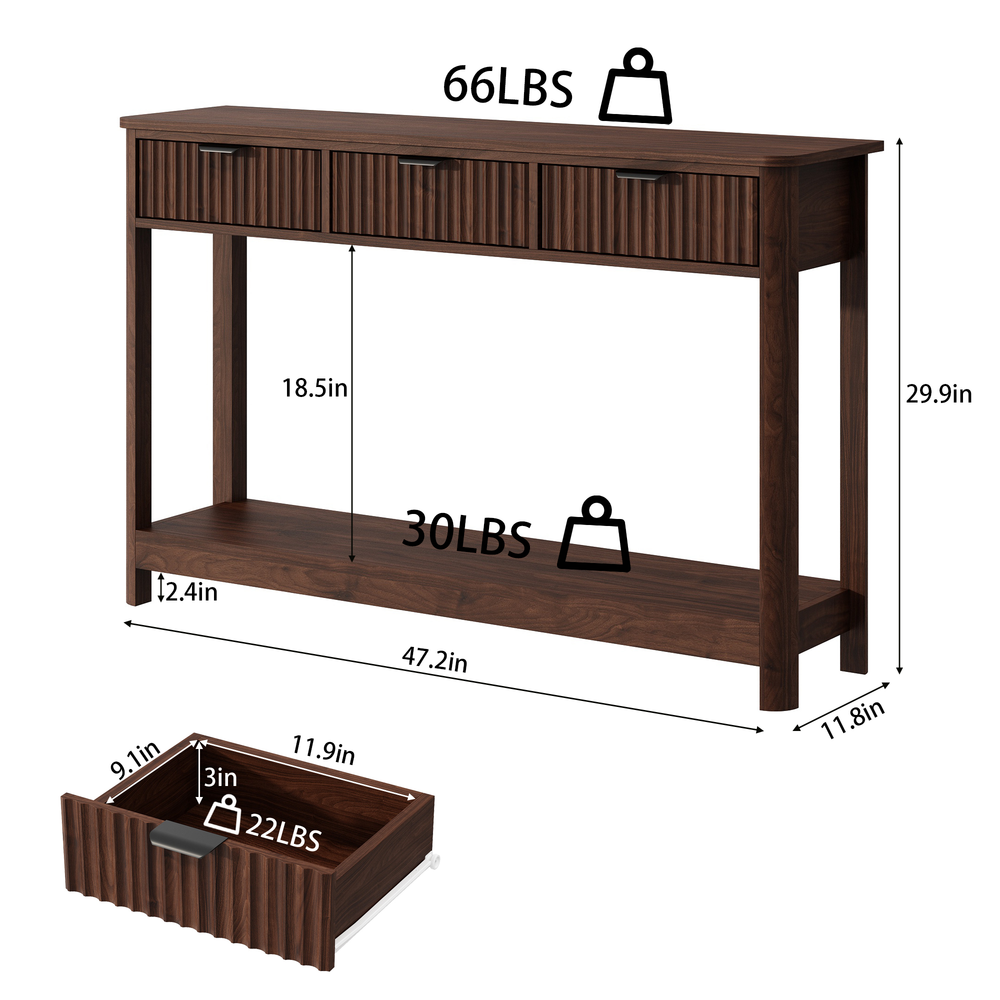 47" Console Table with 3 Drawers,Fluted Sofa Table, Entryway Table with Storage Shelf for Living room,Hallway and Bedroom,Brown