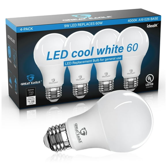 Great Eagle 60W LED Light Bulbs (Uses only 9W) 4000K Cool White, Non-dimmable A19 E26 base, UL Listed Lightbulbs Lamp 4-Pack