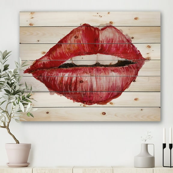Designart 'Valentines Day Red Female Lips' Modern Print on Natural Pine Wood