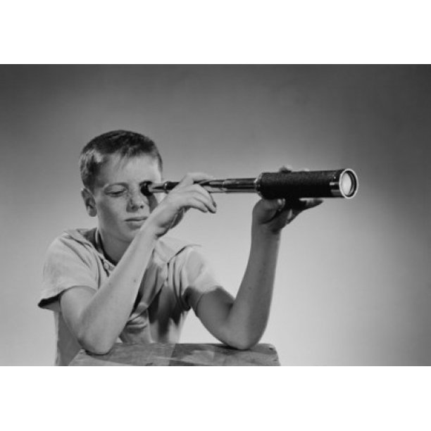 Boy looking through telescope Poster Print (18 x 24)