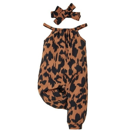 

Newborn Baby Girl Clothes Infant Girl Outfits Sleeveless Romper Leopard Print One Piece Jumpsuit Headband 2PCS Clothing Brown 3-6 Months