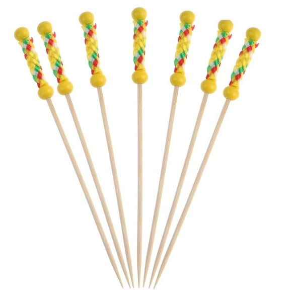 100pcs Disposable Fruit Picks Bamboo Cocktail Drink Picks Sticks Party Supplies Favors for Home Bar (Yellow Rope Bead Pattern)