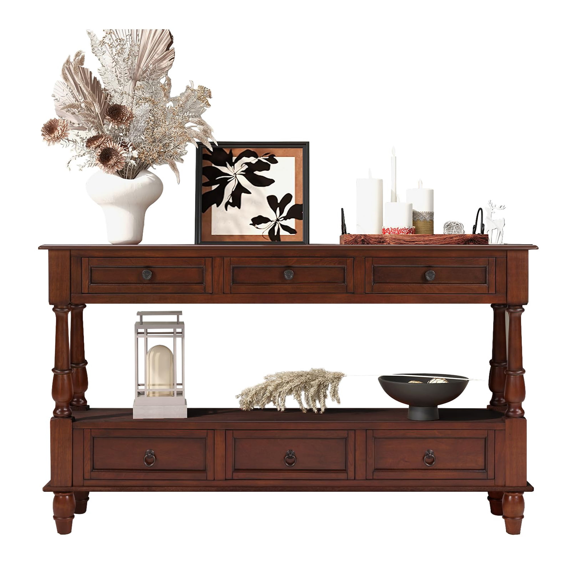 BFJDM Farmhouse Solid Wood Console Table with 6 Drawers and Shelf, Narrow Long, Stain Resistant, Cherry