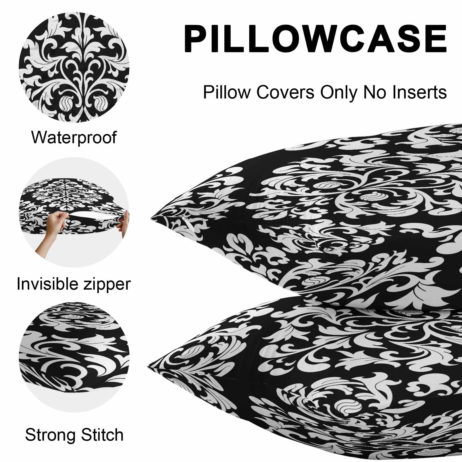 Baroque Black Outdoor Pillow Covers 16x16 Inch Throw Pillow Covers Set of 2 Waterproof Decorative Pillow Cases Vintage Damask Classic Floral Cushion Covers for Patio Furniture Garden Couch Sofa