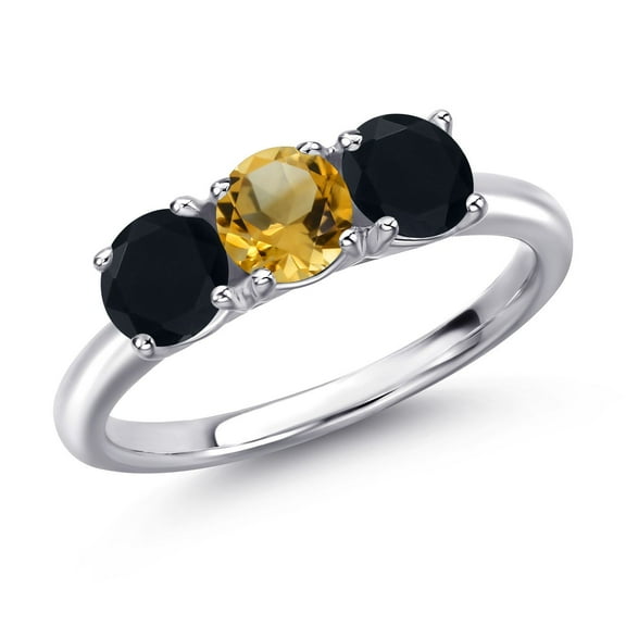 Gem Stone King 925 Sterling Silver Yellow Citrine and Black Onyx Engagement Ring for Women | 1.40 Cttw | Round 5MM | Gemstone November Birthstone | Size 6