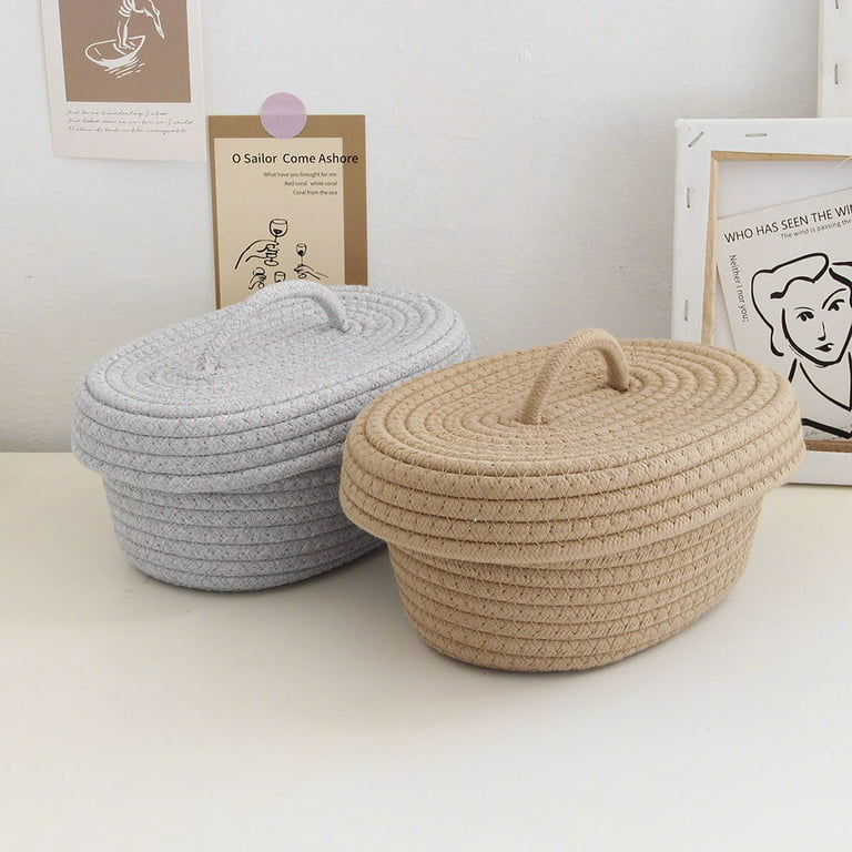 Woven Baskets Cotton Knitting Basket with Lid Small Basket Grey Baskets  Desktop Sundries Cosmetics Toys Storage Basket Gray
