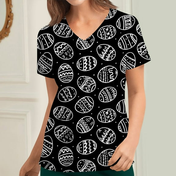 BVOFAR Womens Easter Scrub Tops Funny Eggs Printed Nurse Uniforms Short Sleeve V Neck Scrubs with Pockets