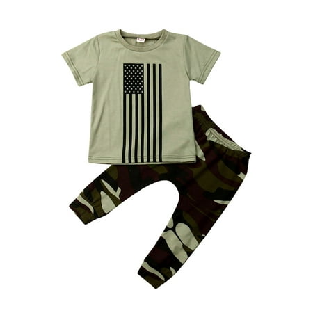 

LWXQWDS Baby Boy 4th of July USA Flag Print T Shirt Tops Camo Long Pants Outfits