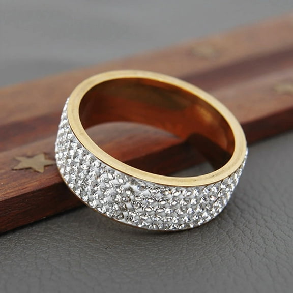 Luxury 14K Yellow Gold Full Rhinestone Rings for Women/Men Golden Engagement Anniversary Wide Chunky Female Wedding Jewelry