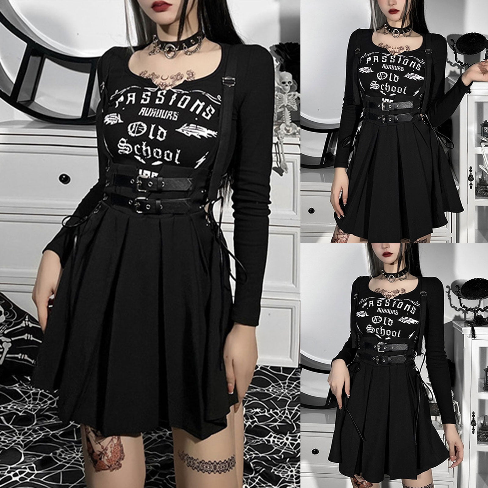 YUUZONE Women Gothic Punk Black Suspender Mini Skirt Harajuku 
