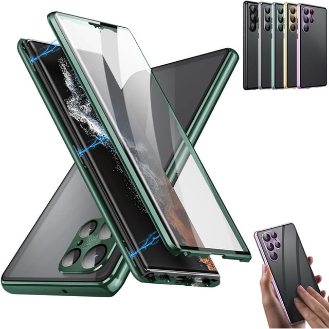 Funda magnética de vidrio templado de doble cara para teléfono, funda protectora completa de 360° a prueba de golpes con protector de lente de bloqueo de seguridad, para Samsung S21/S22/S23/S24 Plus