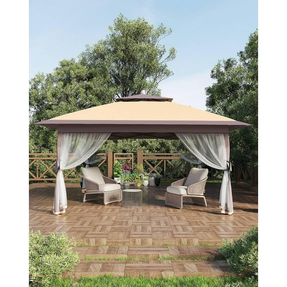 Pop Up Gazebo 12x12,Canopy Tent with Mosquito Netting, One Push Setup for Backyard Patio Garden with 4 Sand Bags- Khaki