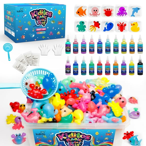 Kiditos Magic Water Elf Toy Kit, Aqua Fairy Water Gel Kit-20 Magic Gels &10 Molds–Make Your Own Water Pets&Squishy Toys–Creativity DIY Craft Kit,Birthday Gifts&Party Favors for Kids Ages 3 