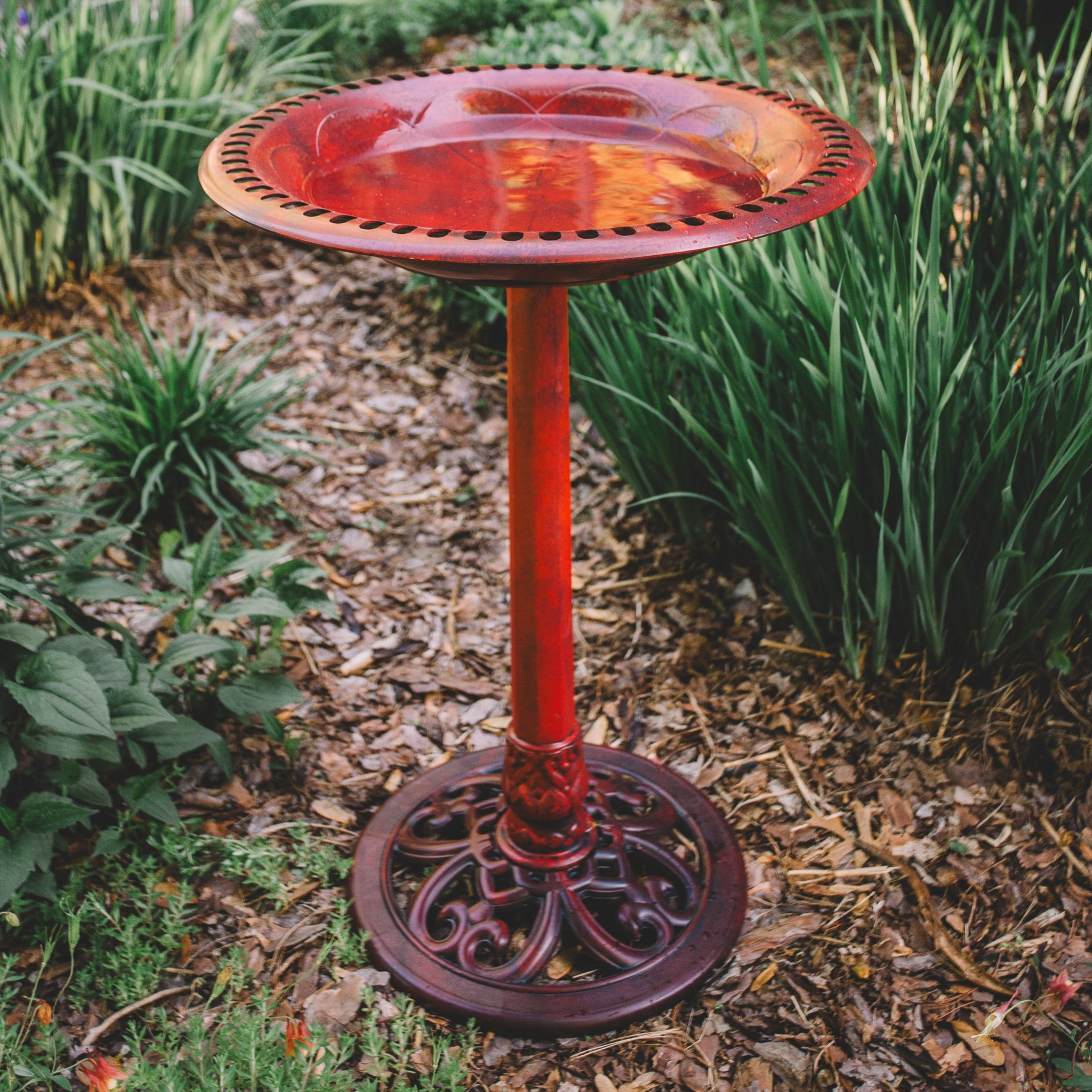 Backyard Expressions Outdoor Garden Bird Bath - Red - Weather Resistant Polyresin - 27 Inch