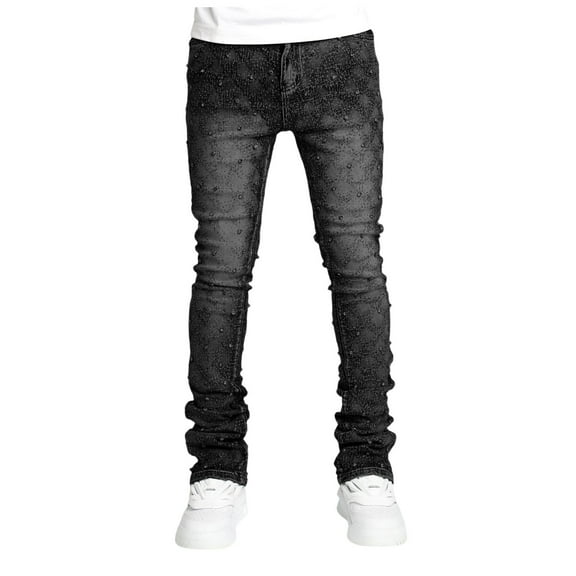 QHFBli Mens Baggy Jeans Male Denim Personality Zircon Straight Leg Stretch Stacked Jeans