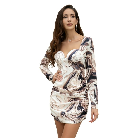 Curve Muse Women's Long Sleeve Sweetheart Neck Ruched Side Cocktail Dress-Nude Print-S