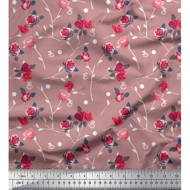 Soimoi Polyester Crepe Fabric Leaves, & Rose Floral Decor Fabric Printed Yard 52 Inch Wide