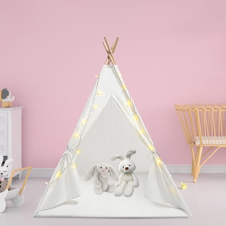 Teepee Tent, Foldable Teepee Tent  Kids Play Tent, Natural Cotton Canvas Toddler Tent,Tent with Lights & Window Fit Boy&Girl