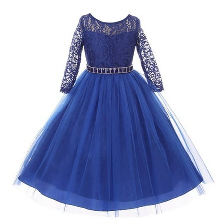 Girls Royal Blue Floral Lace Rhinestone Waist Tulle Christmas