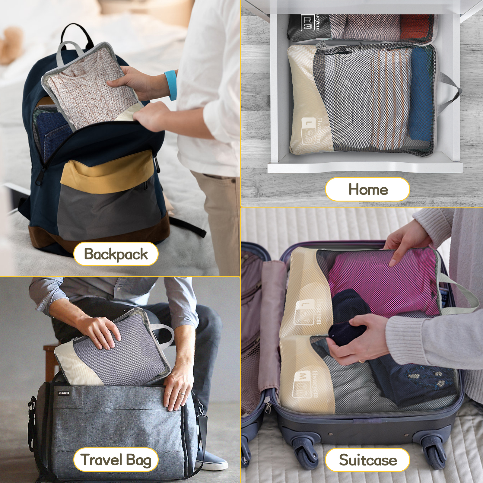 Compression Packing Cubes 8 Set, Dual Zipper Compression Packing Cubes for Travel, See-Through Mesh Packing Bags for Suitcases, packing cubes with shoe bag (Beige)