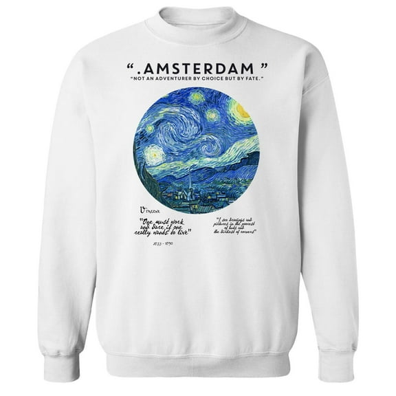 APOH Van Gogh Starry Night Amsterdam Graphic White Men's Cotton Pullover Sweatshirt