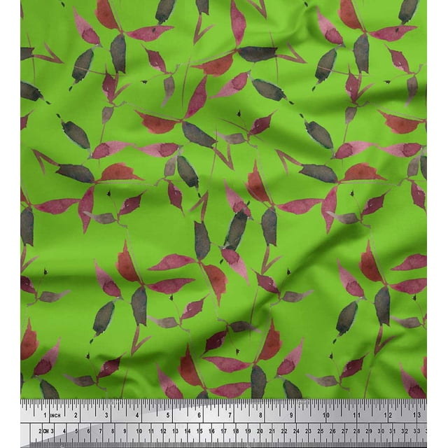 Soimoi Green polyester Crepe Fabric Leaves Watercolor Print Sewing Fabric Yard 52 Inch Wide