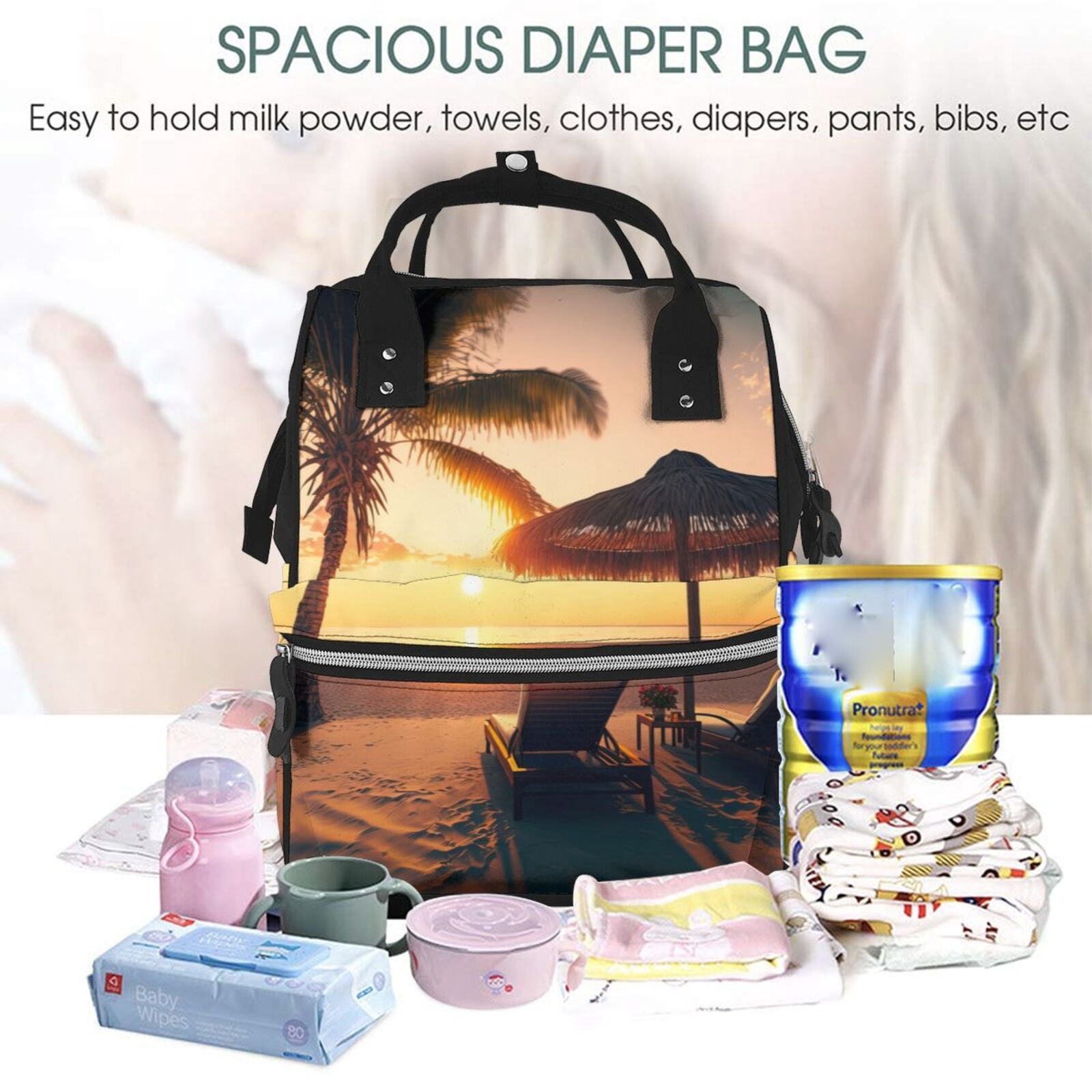 Fuzoiu Hawaiian Sunset Beach Print Diaper Bag Backpack,Baby Essentials Travel Tote,Multi function Waterproof Diaper Bag, Travel Essentials Baby Bag - Unisex