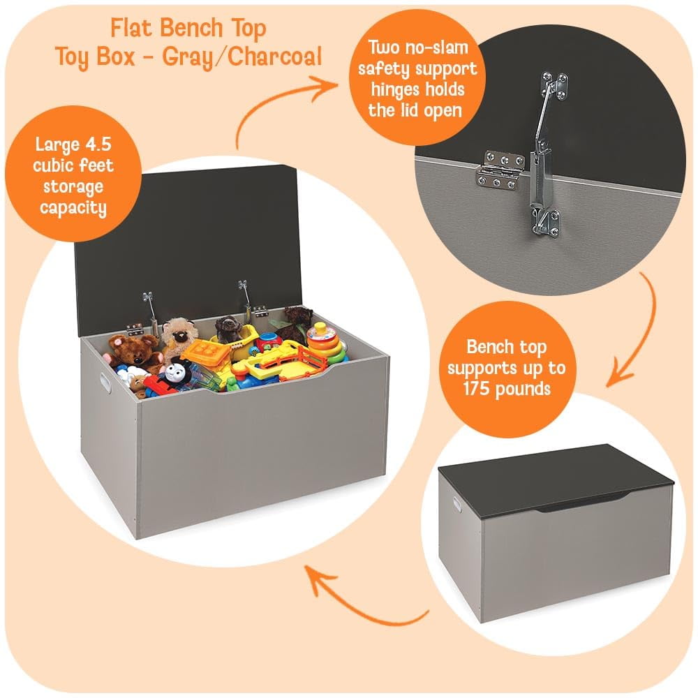 Kids Toy Box Bench - Wooden Chest with Flip-Top Lid, Safety Hinges & 4.5 Cubic Feet Storage Capacity - Stylish Storage Organizer for Toys, Books & Nursery Essentials - Grey