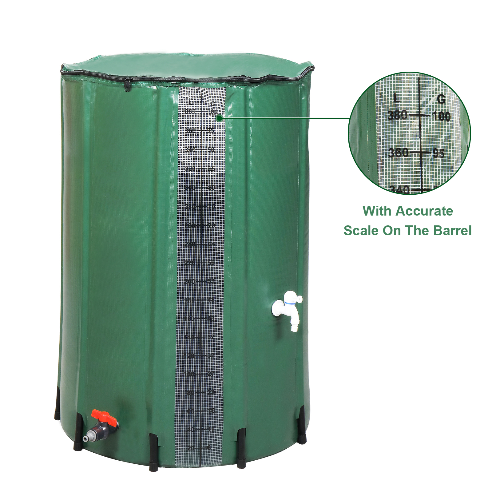 100 Gallon PVC Rain Barrel With Measuring Scale, Green