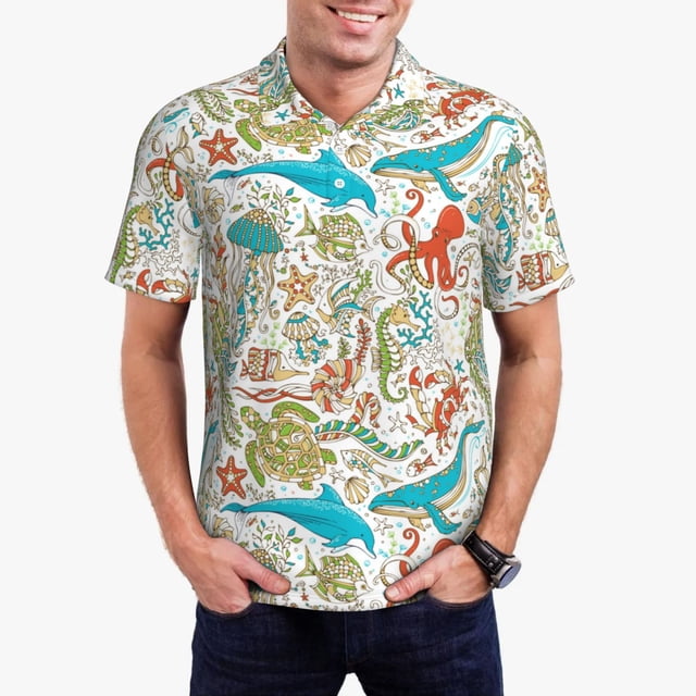 Balery Sea Animal Camisa Polo de Hombre con Estampado, de Manga Corta y Tejido Medio, Camisa Tipo Golf Polo-4X-Large