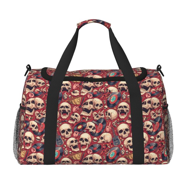 Fotbe Skull record Guitar music Bolsa de Viaje con Estampado, Bolsa de Fin de Semana para Mujer con Compartimento para Zapatos, Bolsa de Gimnasio con Bolsillo Húmedo