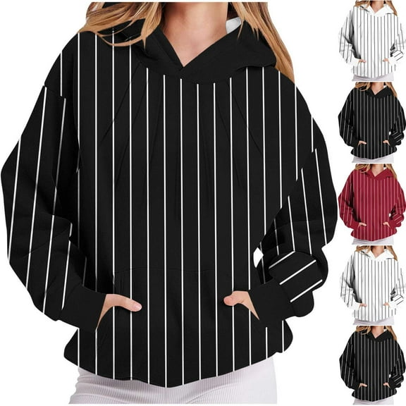 Ashirexll Hoodies for Women, Oversized Hoodies for Women, Ladie Fashion Striped Loose Casual Round Neck Long Sleeve Sweatshirts Tops with Pocket