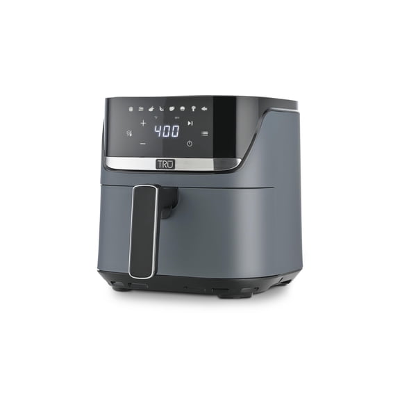 TRU 4-Quart Digital Air Fryer by Select Brands - Family Size, One-Touch Control, 8 Presets - Air Fry Chicken, Meat, Veggies, Fries - Nonstick Pot and Crisping Tray, Auto Shut Off, Matte Gray
