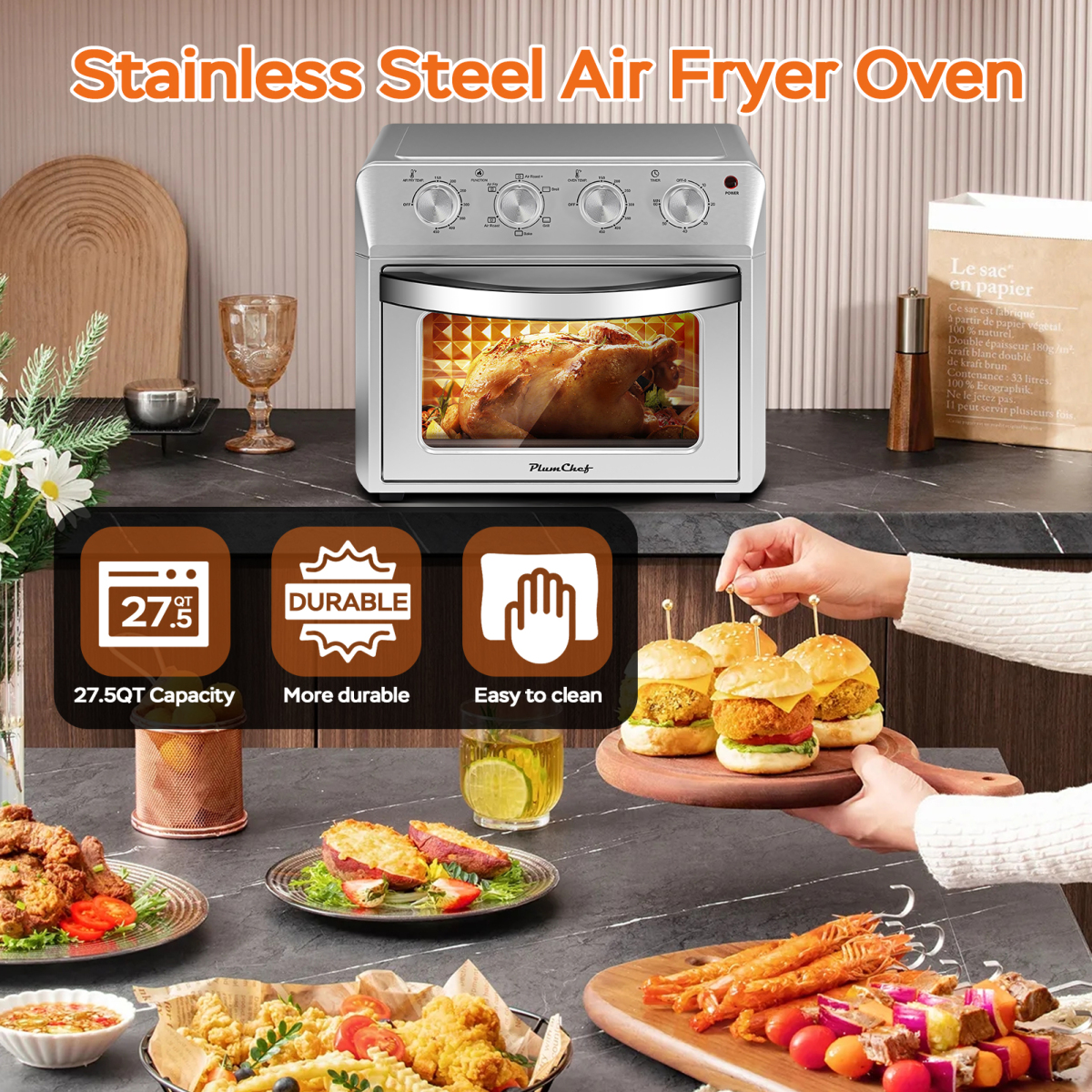 Plum Chef 27.5QT Family Size Air Fryer Oven - 6-in-1 Countertop Oven (Air Fry/Bake/Broil/Toast/Warm/Dehydrate) 1600W 4-Knob Control Silver