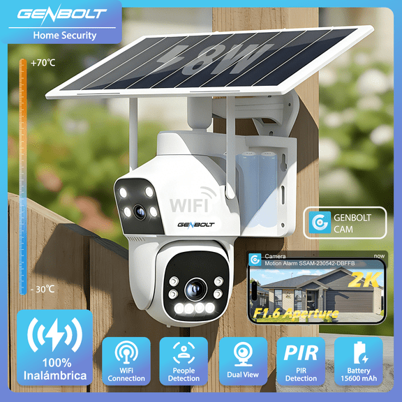 GENBOLT Solar WiFi Outdoor Wireless Security Camera Dual Lens, 2.5K AOV Battery Powered Home Surveillance CCTV Camera, Color Night Vision Motion Detection